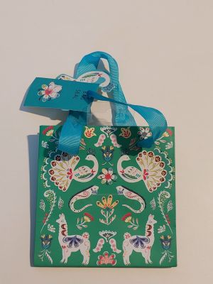 green gift bag with a blue ribbon tied to it