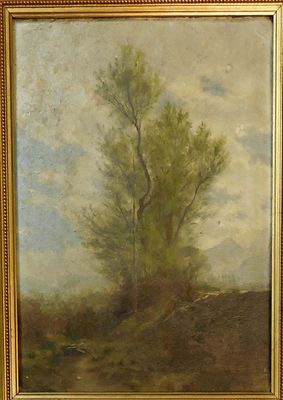 une peinture à l'huile représentant un arbre dans un champ, avec le ciel en arrière-plan
