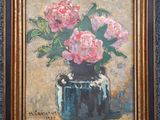 an oil painting of pink flowers in a blue vase on a table