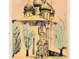 a drawing of a church with a steeple on top of it