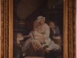 tableau représentant une femme et deux enfants dans une pièce avec une cheminée