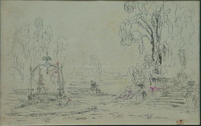 une image représentant un dessin de paysage avec des arbres et un portail