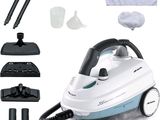 un fer à repasser à vapeur blanc et bleu avec un kit de nettoyage