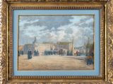 an oil painting of a street scene with people and buildings
