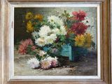 une peinture de fleurs dans un vase bleu sur une table