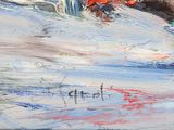 painting of a man skiing down a snowy hill with a red jacket