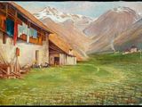 a painting of a house in a field with mountains in the background