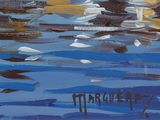 an oil painting of boats floating in a body of water