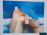 a picture of a painting of a building in the sky