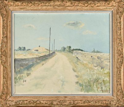une image représentant un tableau d'un chemin de terre dans un champ