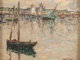 a painting of a boat in the water with other boats in the background