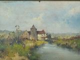 tableau représentant une rivière qui traverse un champ verdoyant à côté d'un bâtiment