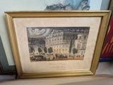 framed picture of a painting of a building with people outside
