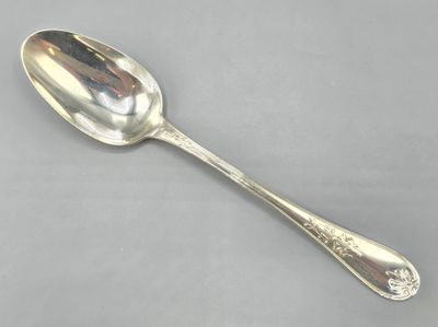 an antique silver spoon on a gray surface with a silver handle