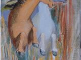 painting of two horses running in a field of tall grass