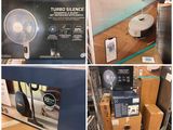 plusieurs photos montrant un tas de cartons et un ventilateur dans un magasin