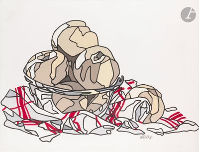 un dessin représentant un saladier de pommes de terre posé sur une nappe à carreaux rouges et blancs