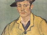 painting of a man in a yellow coat and a blue hat