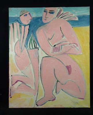 un tableau représentant deux nus assis sur une plage