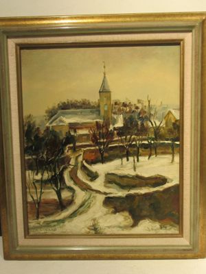 painting of a snowy landscape with a church in the background