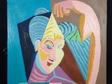 un tableau représentant une femme avec une harpe sur fond noir