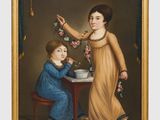 une peinture à l'huile représentant deux enfants assis à une table devant un bol de nourriture
