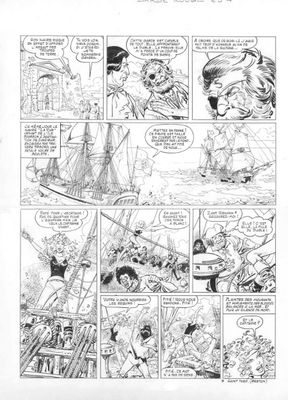une bande dessinée en noir et blanc représentant un homme sur un bateau