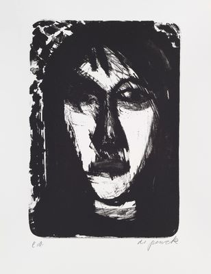 a black and white drawing of a man ' s face with his eyes closed