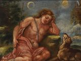 an image of a painting of a man kneeling down next to a dog
