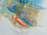 a drawing of a boat in the water on a table