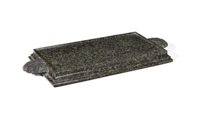 an image of a black granite cutting board with a turtle on it
