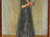 painting of a woman in a black dress holding a glass of wine