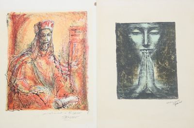 deux dessins représentant un homme et une femme assis devant un tableau
