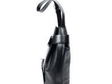 black leather shoulder bag with strap on a white background