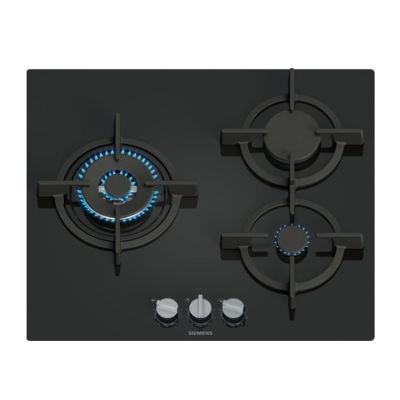 une image représentant une plaque de cuisson noire équipée de trois feux et de boutons de réglage