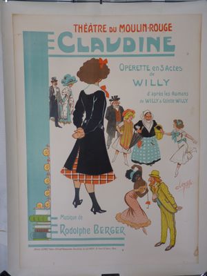 une vieille affiche représentant une femme en robe et un homme en smoking