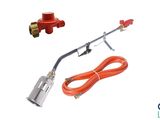 a close up of a hose and a red valve on a white background