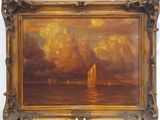 an oil painting of a sailboat in the ocean with clouds in the background