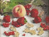 a painting of berries and an apple on a table