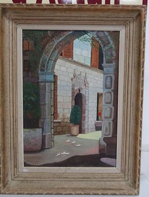 une photo d'un tableau représentant une cour, dans un cadre