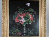 an oil painting of a vase of flowers on a table