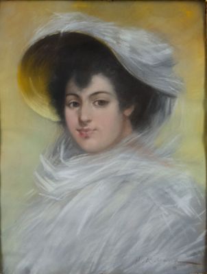 tableau représentant une femme vêtue d'une robe blanche et coiffée d'un grand chapeau