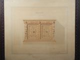 an antique framed drawing of a chest of drawers on a table