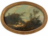an image of a painting of a man on a horse drawn carriage in a wooded landscape