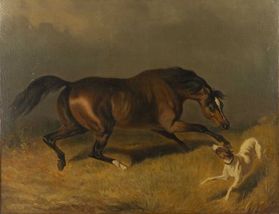 tableau représentant un cheval et un chien courant dans un champ