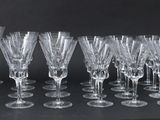 many empty wine glasses lined up on a table
