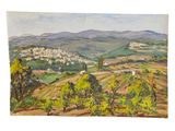 a painting of a landscape with hills and trees in the foreground