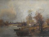 un tableau représentant une scène fluviale avec des bateaux sur l'eau
