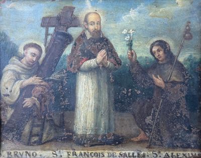 an old painting of a man holding a cross and other people
