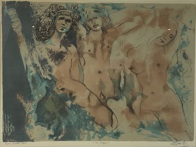 an image of a painting of three nudes and a man